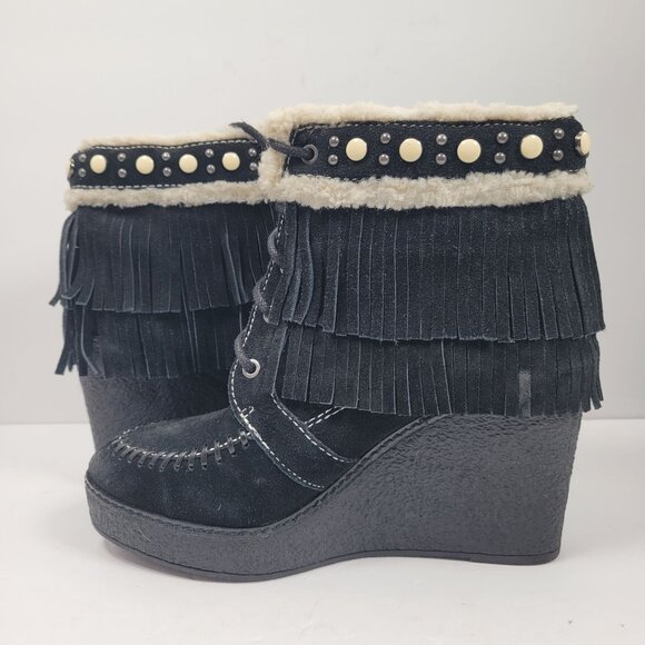 Sam Edelman Black Suede Leather Fringe Studded Kemper Boots US Size 8.5M - Picture 5 of 12